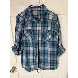 Carhartt Women Blue Plaid Button Up Shirt Roll Tab Long Sleeve Size L 12/14